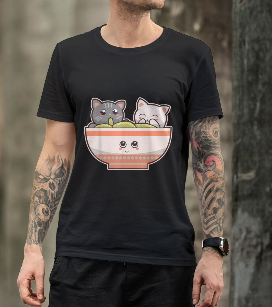 Kawaii Japanese Anime Cats In Ramen Noodle Bowl T-Shirt