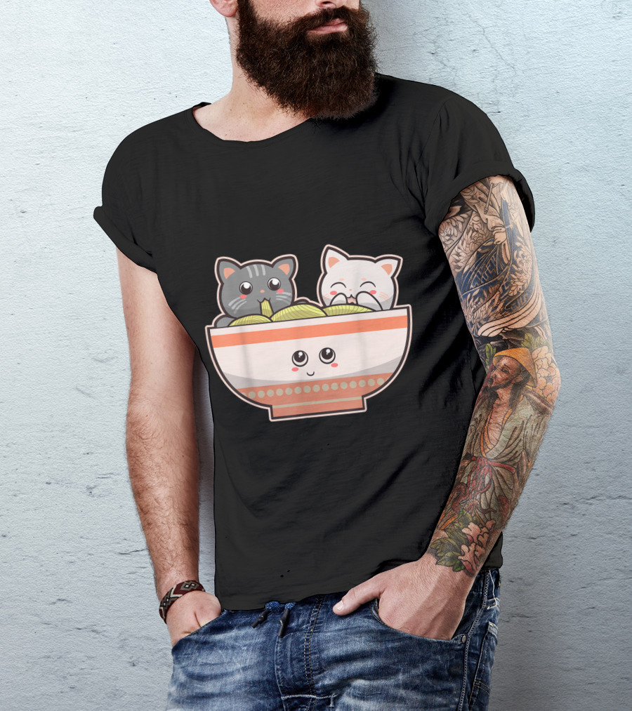 Kawaii Japanese Anime Cats In Ramen Noodle Bowl T-Shirt
