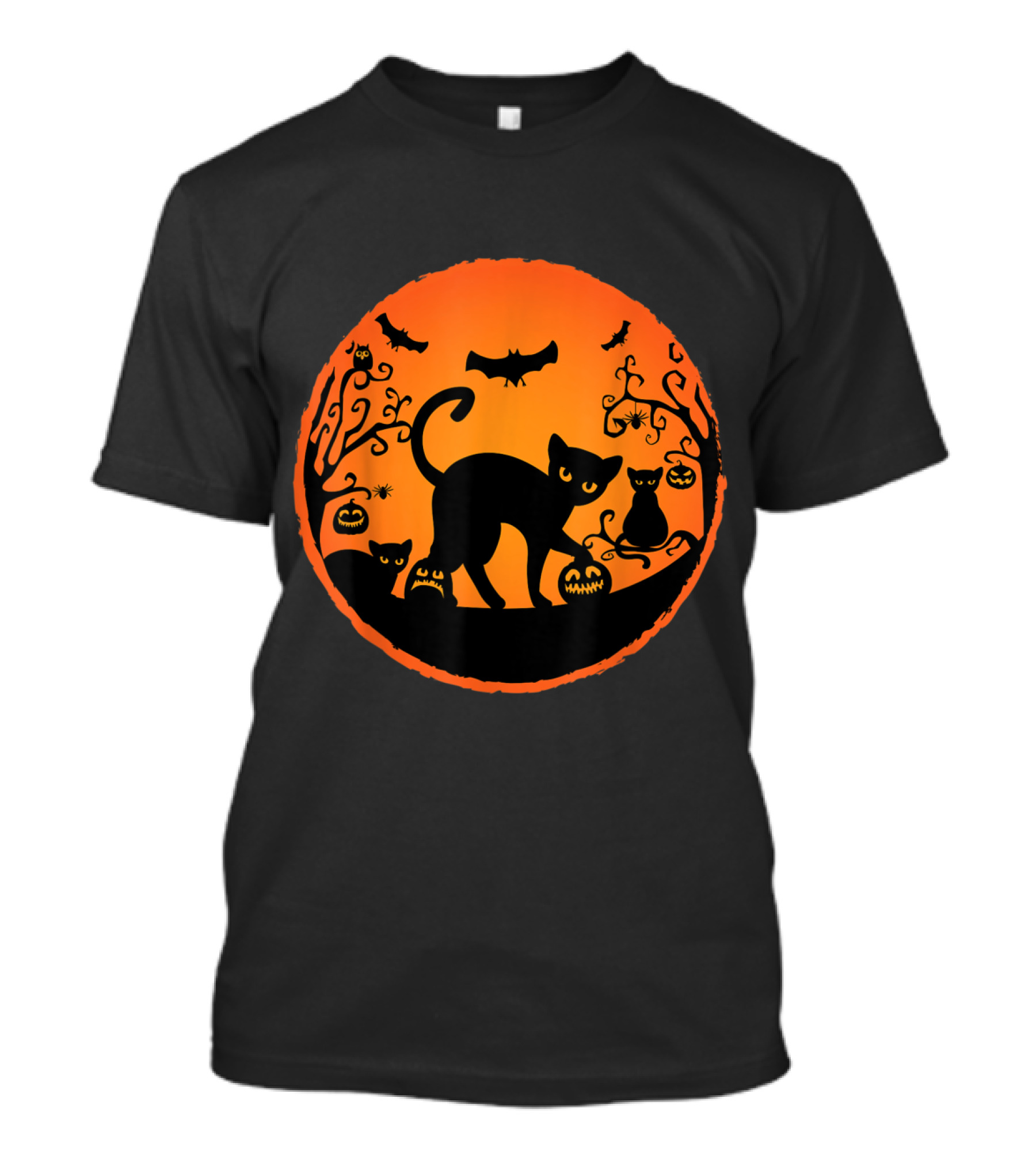 Spooky Cat Halloween Pumpkin And Bat Silhouette Moon Scene T-Shirt
