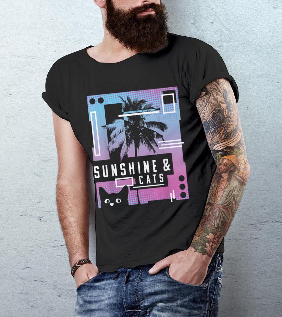 Sunshine And Cats Vaporwave 90's Aesthetic With Palm Trees T-Shirt