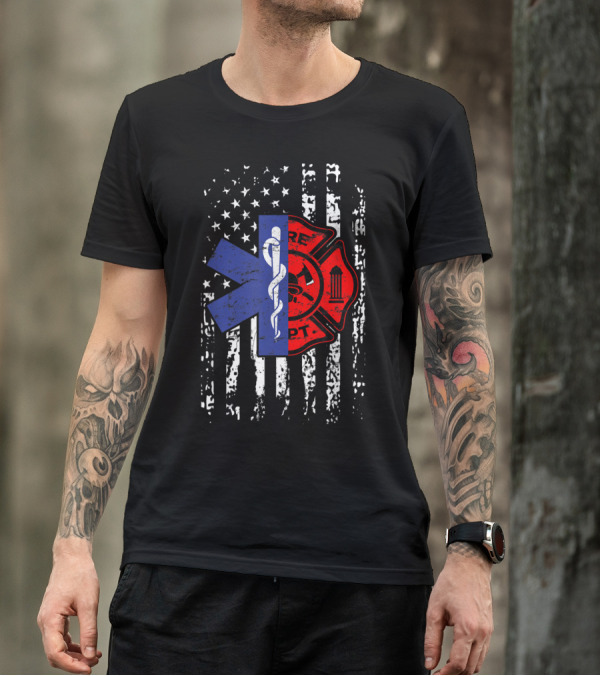 EMT Firefighter Maltese Cross American Flag Emergency Medical T-Shirt