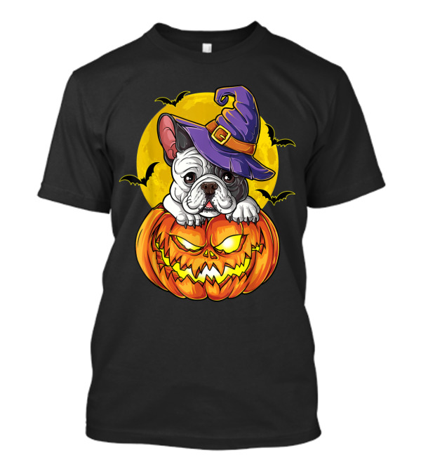 French Bulldog Witch With Pumpkin Jack-o'-Lantern And Bats T-Shirt