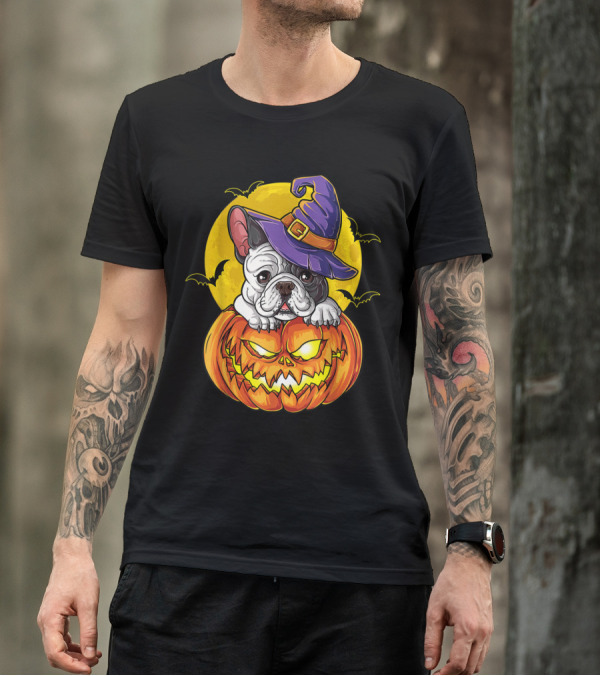 French Bulldog Witch With Pumpkin Jack-o'-Lantern And Bats T-Shirt