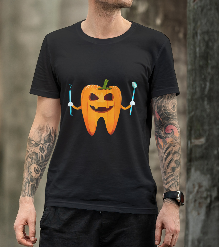 Funny Halloween Tooth Pumpkin With Dentist Tools T-Shirt