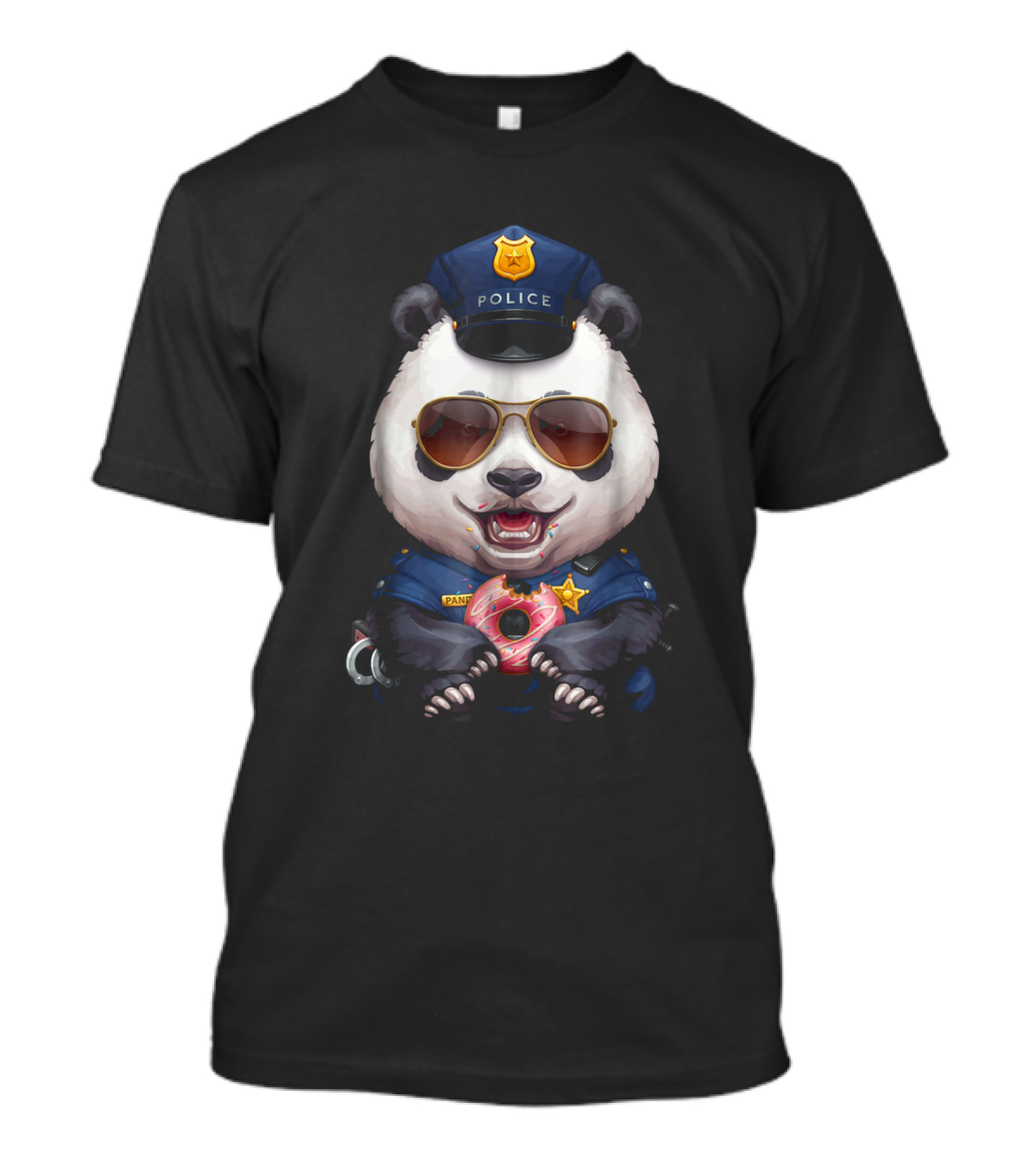 Panda Police Officer Holding Donut With Sunglasses And Uniform Badge T-Shirt