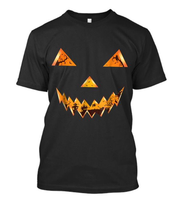 Scary Pumpkin Face With Evil Witch Town Scene And Bats T-Shirt