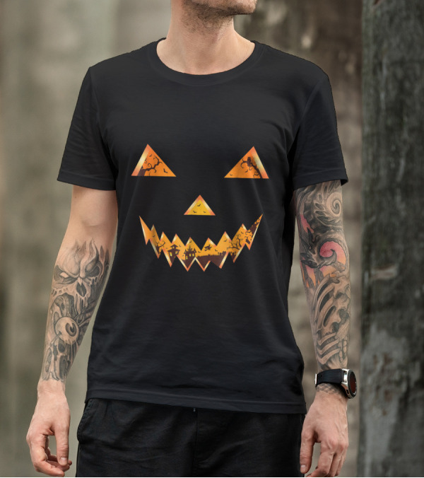 Scary Pumpkin Face With Evil Witch Town Scene And Bats T-Shirt
