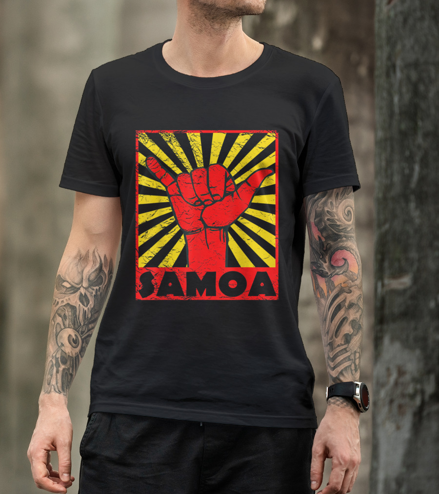 Samoa Shaka Hand Gesture With Vintage Sunburst Background T-Shirt