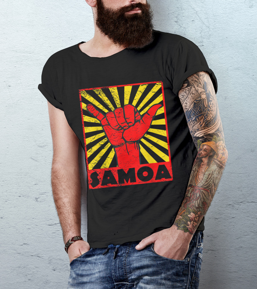 Samoa Shaka Hand Gesture With Vintage Sunburst Background T-Shirt