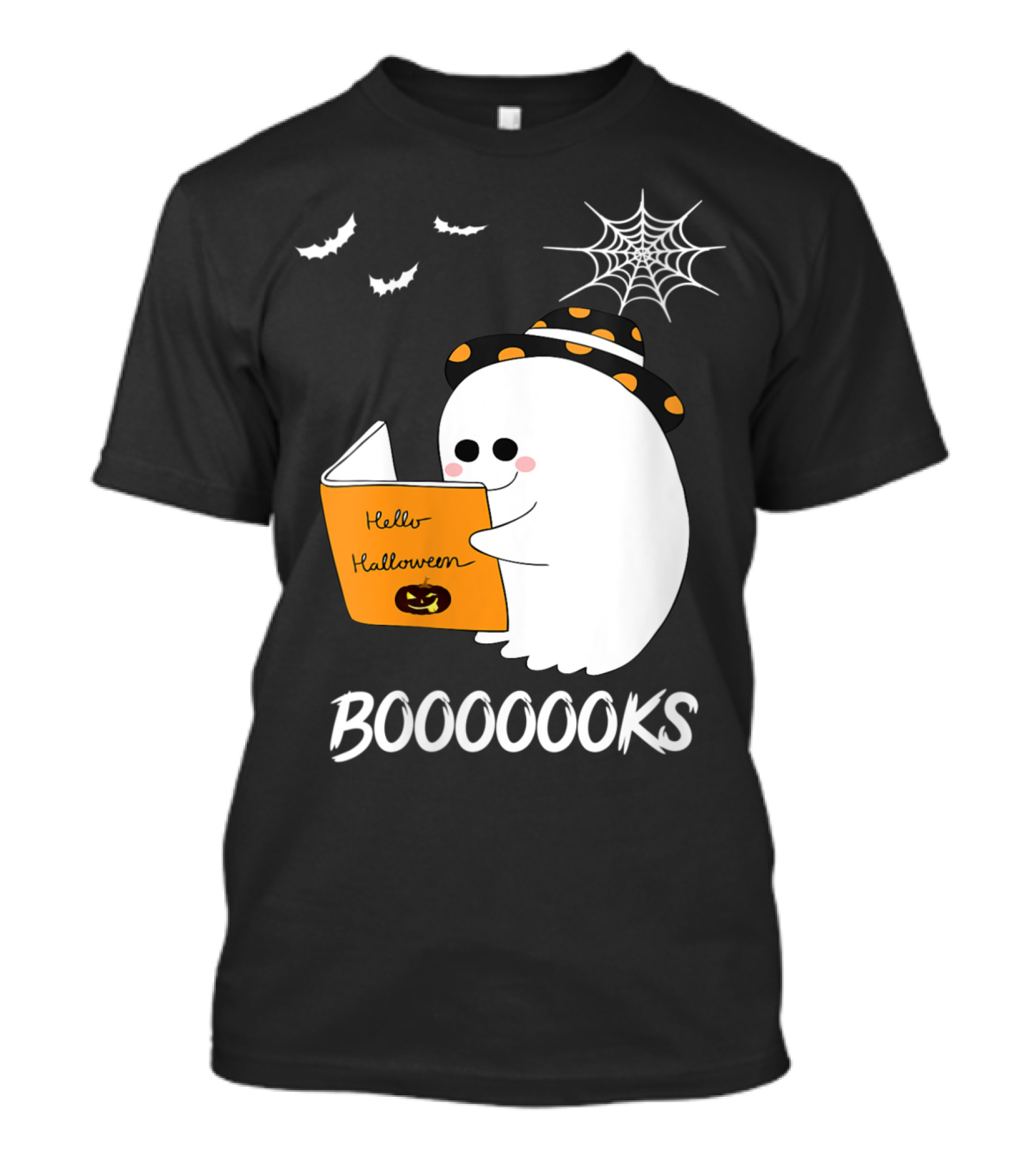 Booooooks Boo Ghost Reads Hello Halloween Book With Spiderweb And Bats T-Shirt
