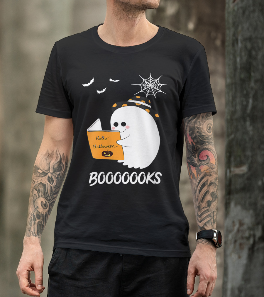 Booooooks Boo Ghost Reads Hello Halloween Book With Spiderweb And Bats T-Shirt