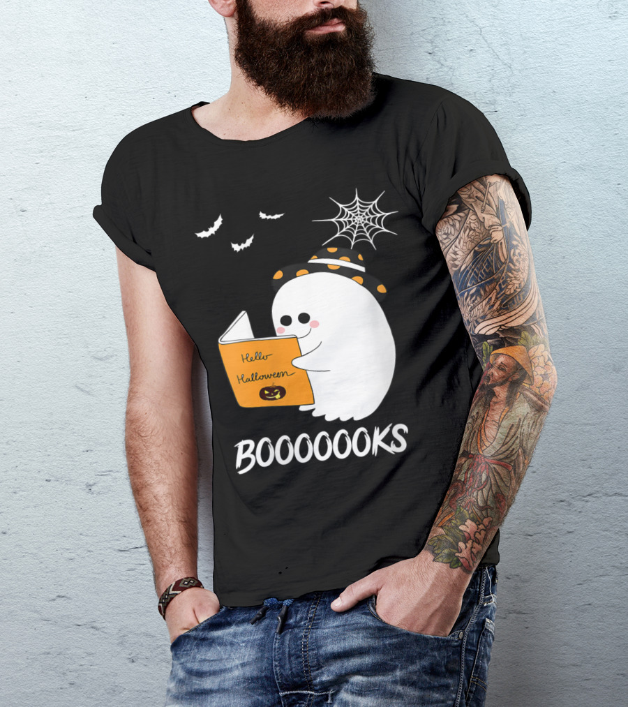 Booooooks Boo Ghost Reads Hello Halloween Book With Spiderweb And Bats T-Shirt