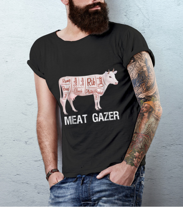 Meat Gazer Funny BBQ Diagram Cow Cuts Rump Rib Brisket Ketogenic Grilling T-Shirt