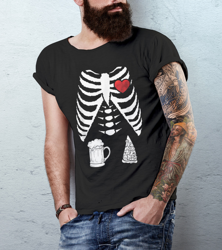 Skeleton Heart X Ray With Beer And Pizza Halloween Pregnancy T-Shirt