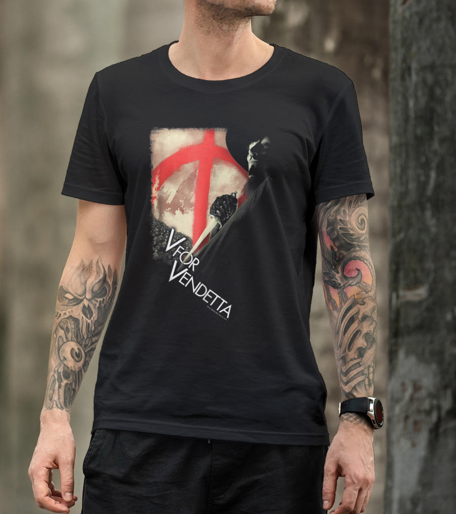 V For Vendetta Anarchist Mask Revolution With Red Symbol And Shadowy Figure T-Shirt