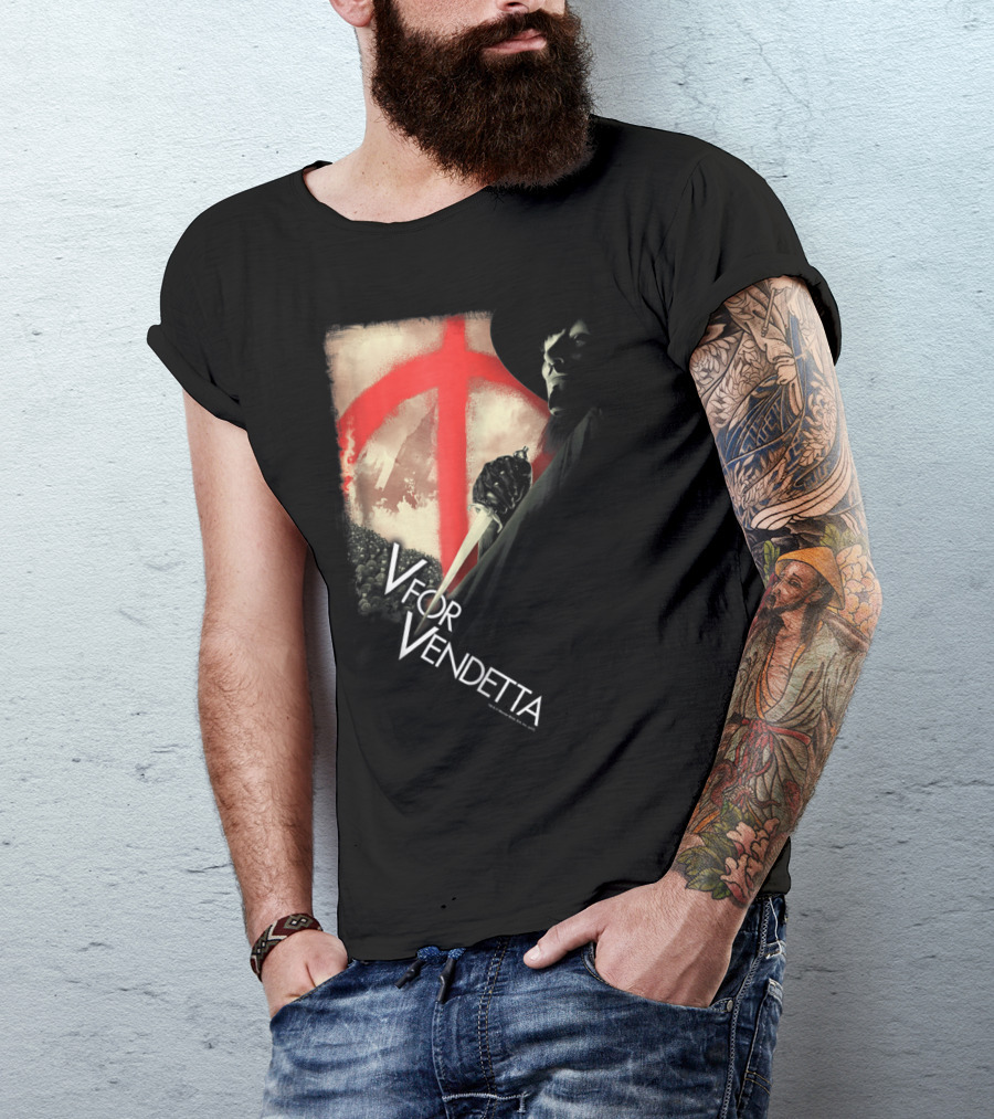 V For Vendetta Anarchist Mask Revolution With Red Symbol And Shadowy Figure T-Shirt