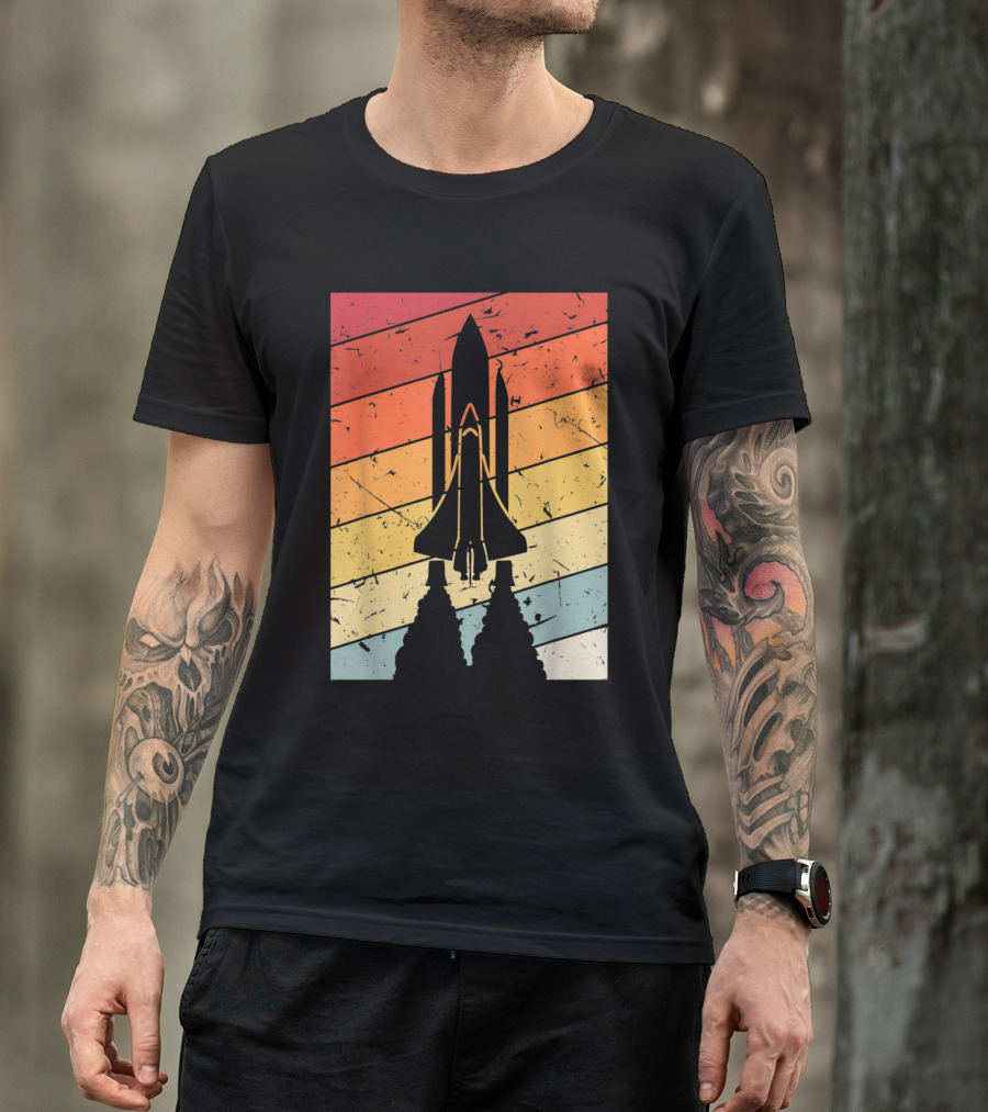 Astronaut Science Vintage Space Shuttle Silhouette Retro Stripes T-Shirt