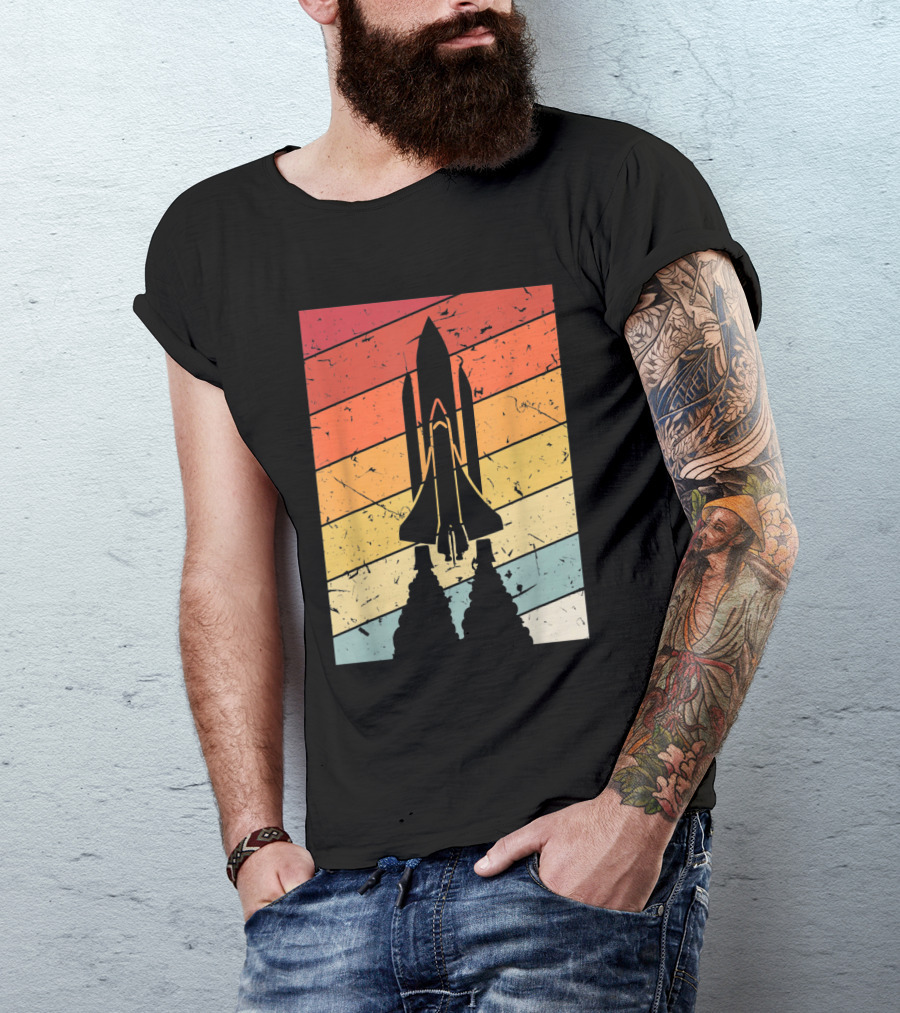 Astronaut Science Vintage Space Shuttle Silhouette Retro Stripes T-Shirt