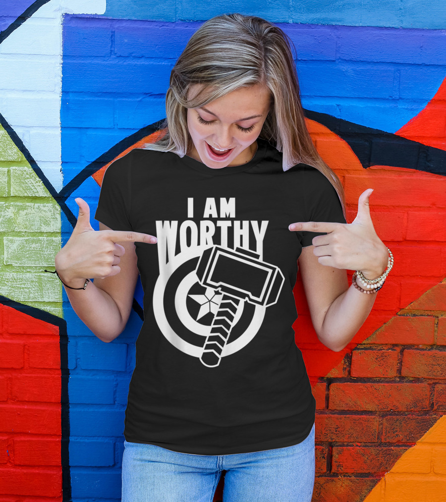 Avengers Endgame Captain America I Am Worthy Mjolnir Shield Hammer T-Shirt