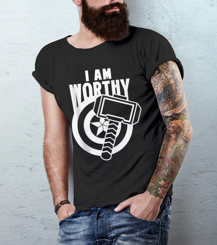 Avengers Endgame Captain America I Am Worthy Mjolnir Shield Hammer T-Shirt