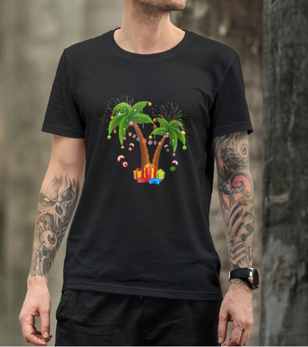 Decorated Christmas Palm Tree Tropical Xmas Coconut Gifts And Ornaments With Fireworks T-Shirt