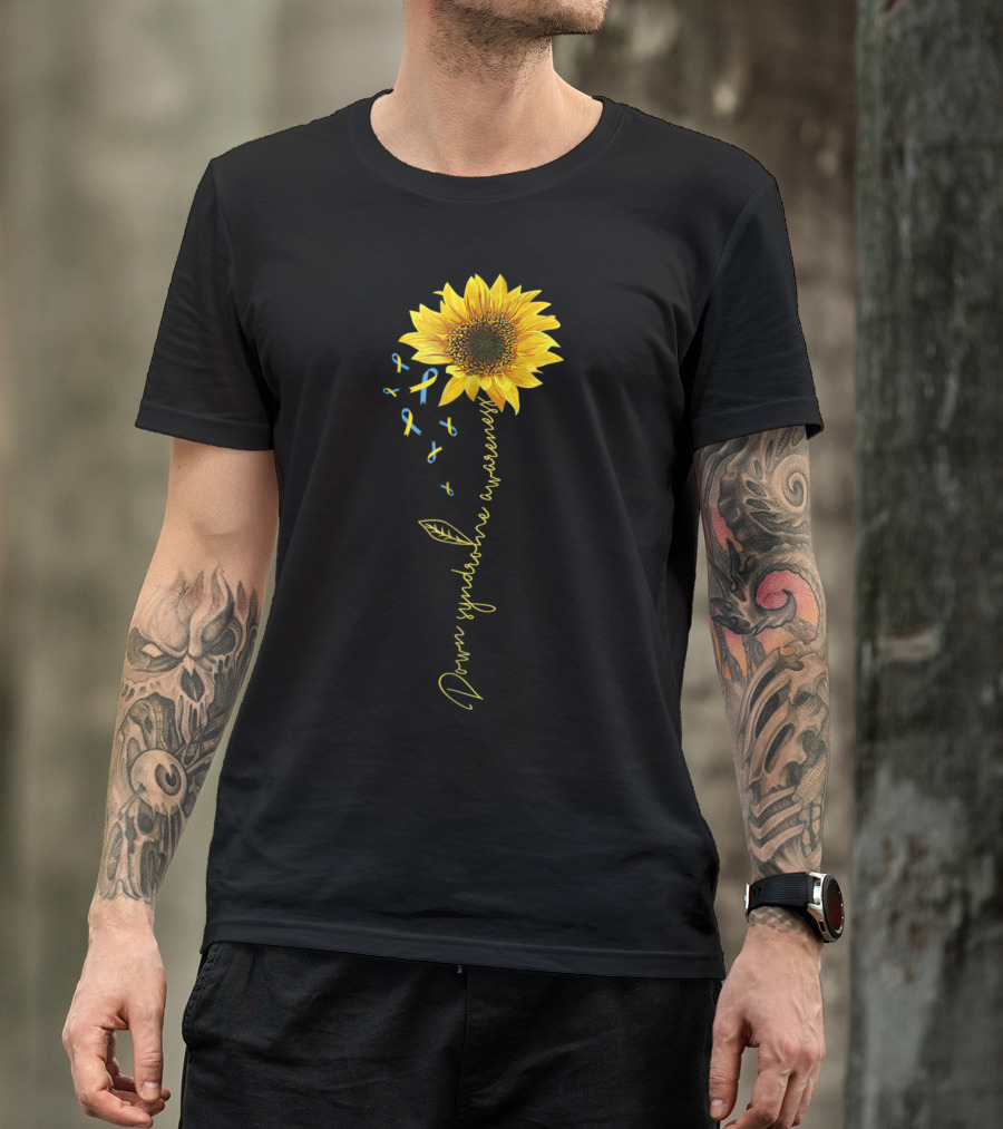 Down Syndrome Awareness Sunflower Yellow Blue Ribbons T-Shirt