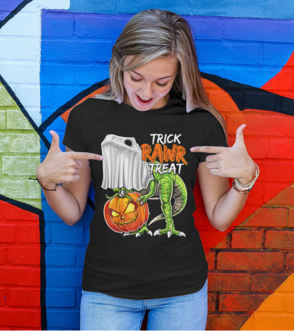 Trick Rawr Treat Halloween Dinosaur Ghost Pumpkin Jack O Lantern T-Shirt