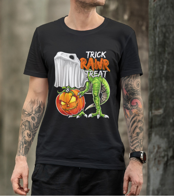 Trick Rawr Treat Halloween Dinosaur Ghost Pumpkin Jack O Lantern T-Shirt