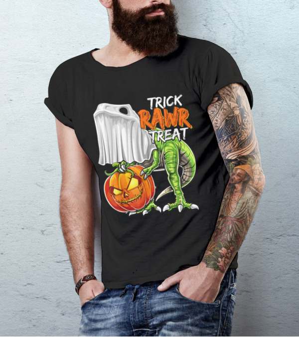 Trick Rawr Treat Halloween Dinosaur Ghost Pumpkin Jack O Lantern T-Shirt