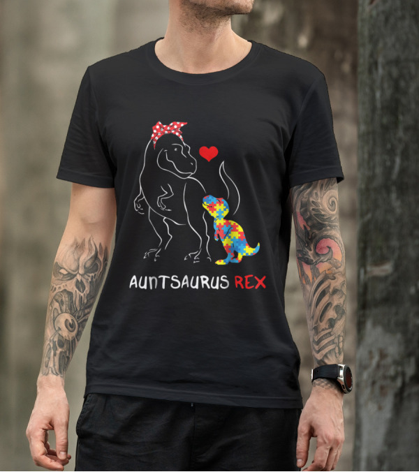 Auntsaurus Rex Dinosaur Puzzle Pattern Heart T-Shirt