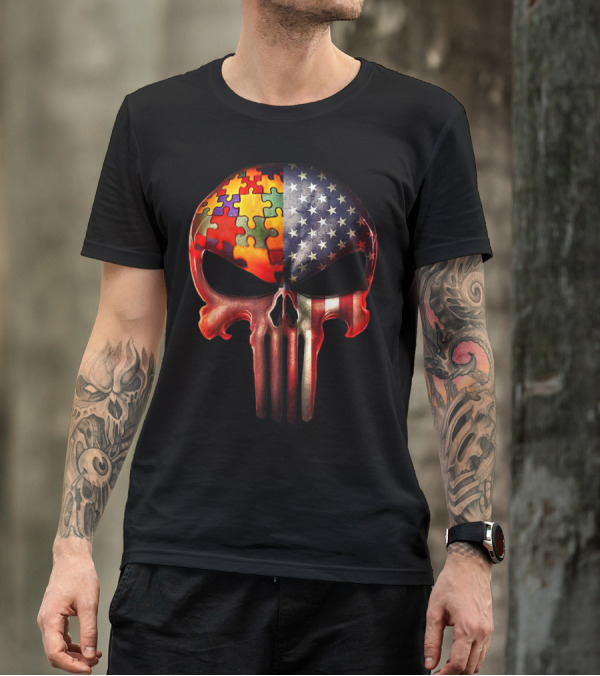 Autism Puzzle Piece American Flag Skull T-Shirt