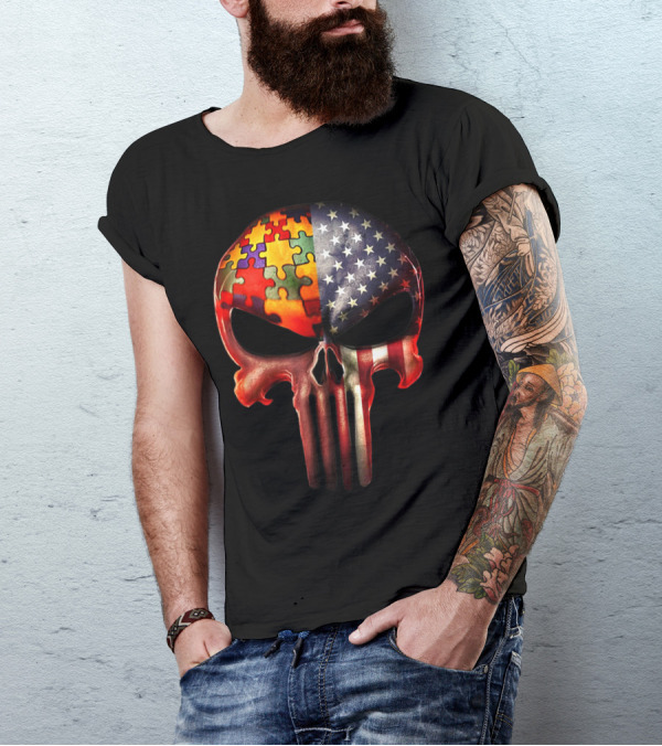 Autism Puzzle Piece American Flag Skull T-Shirt