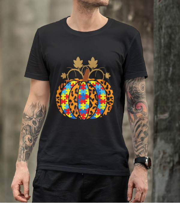 Autism Awareness Puzzle Piece Leopard Print Pumpkin T-Shirt