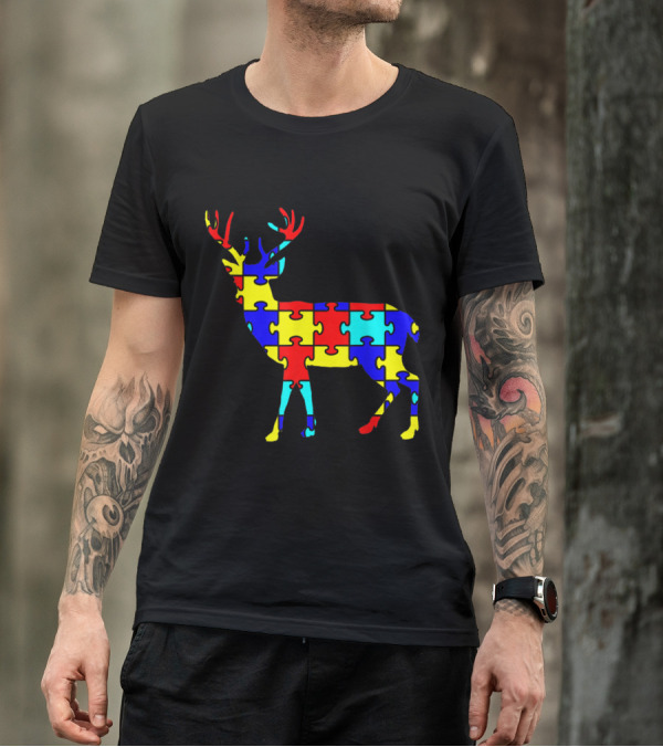 Autism Awareness Colorful Puzzle Deer Wildlife T-Shirt