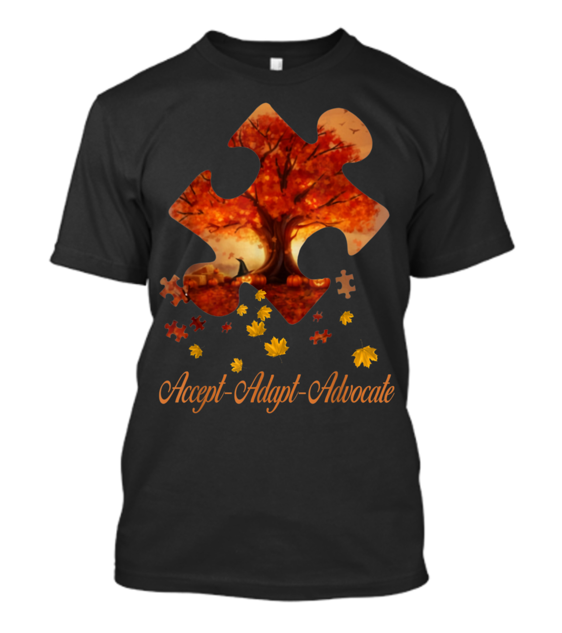 Accept Adapt Advocate Autism Puzzle Fall Pumpkin Autumn Tree Leaves T-Shirt
