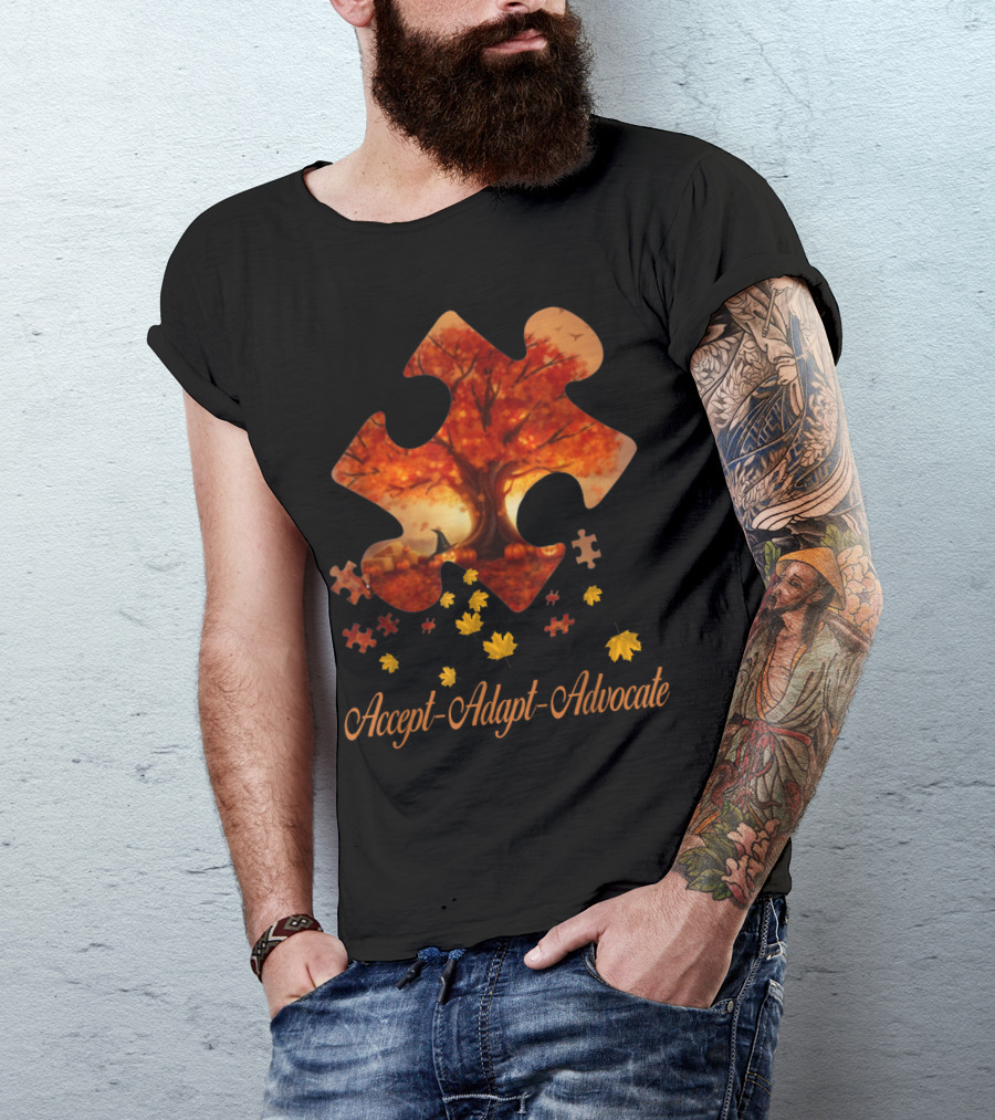 Accept Adapt Advocate Autism Puzzle Fall Pumpkin Autumn Tree Leaves T-Shirt