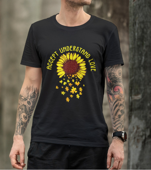 Accept Understand Love Sunflower Puzzle Autism Awareness T-Shirt