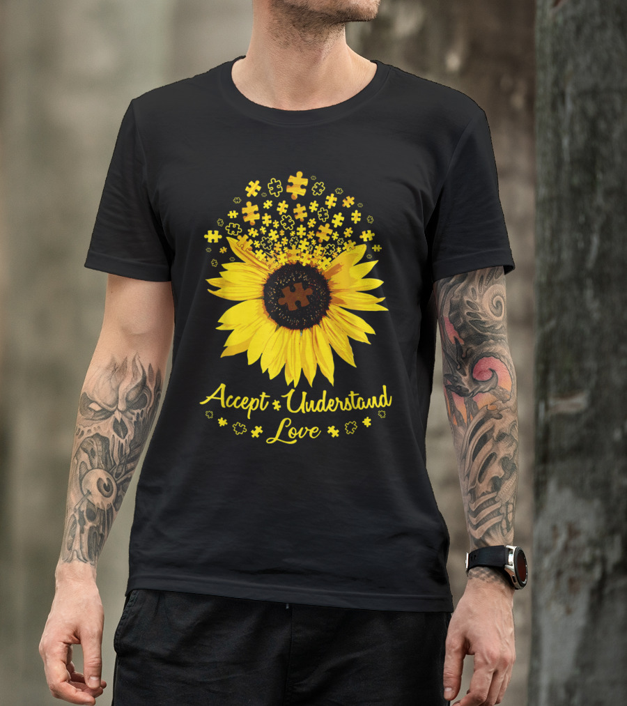 Accept Understand Love Autism Awareness Sunflower Puzzle T-Shirt