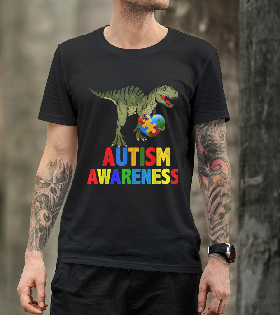 Autism Awareness Colorful Dinosaur With Puzzle Piece Heart T-Shirt
