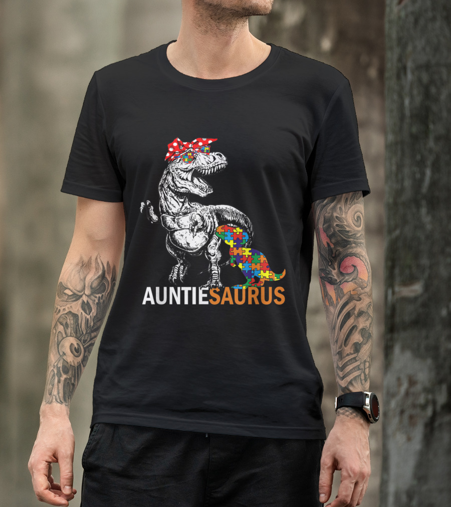 Auntie Saurus Dinosaur Autism Awareness Puzzle Pieces T-Shirt