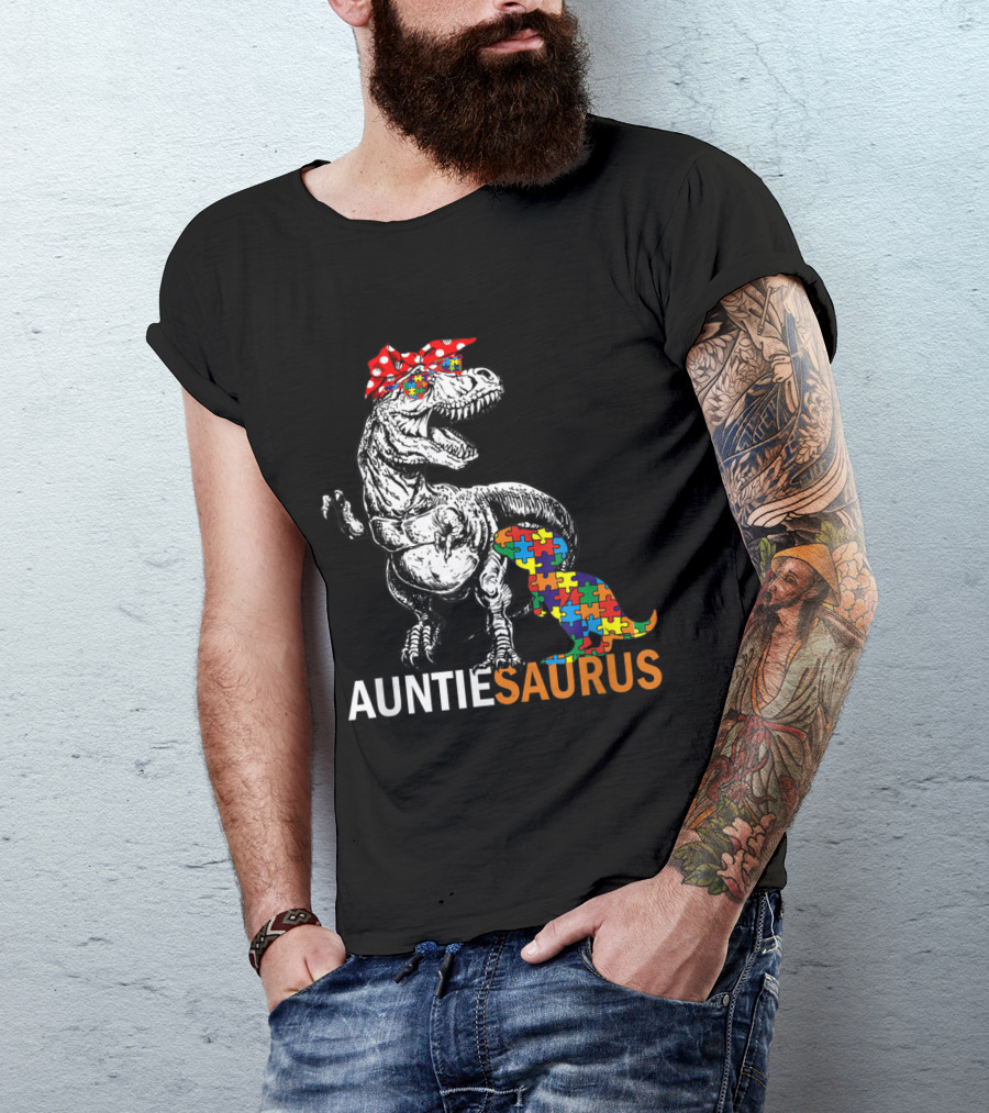 Auntie Saurus Dinosaur Autism Awareness Puzzle Pieces T-Shirt