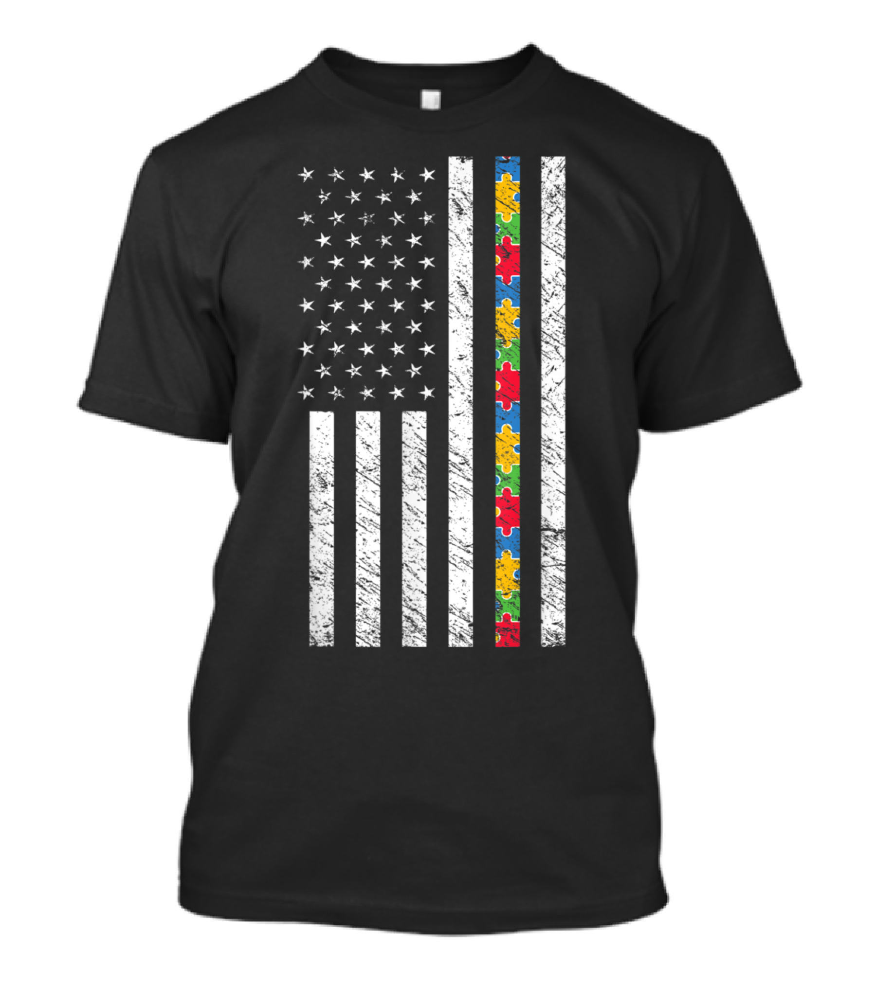 USA Flag With Autism Awareness Puzzle Pattern Stripe T-Shirt