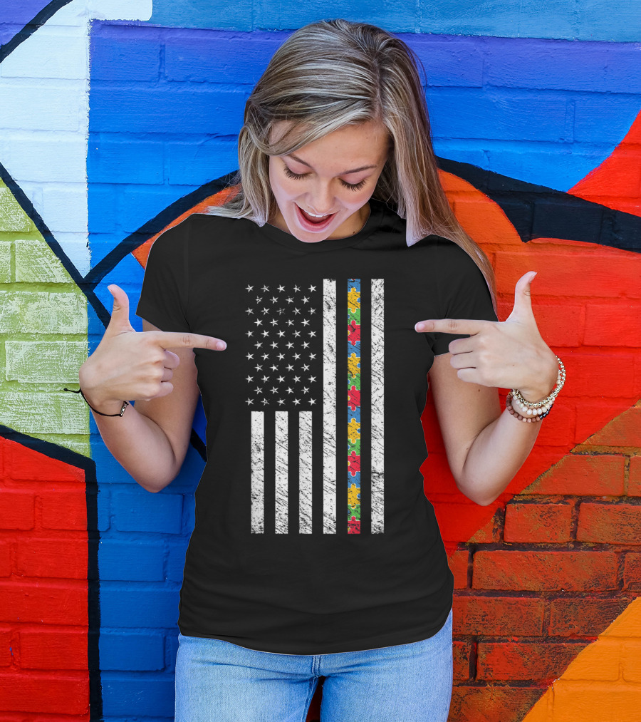USA Flag With Autism Awareness Puzzle Pattern Stripe T-Shirt