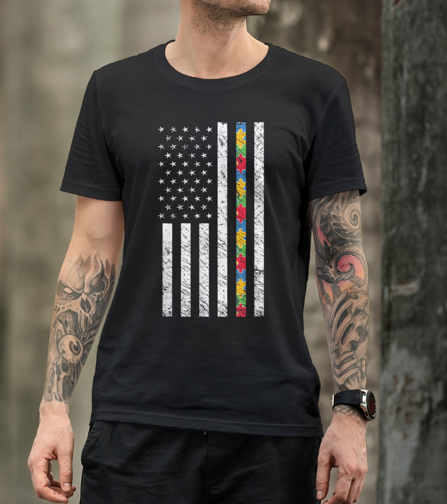 USA Flag With Autism Awareness Puzzle Pattern Stripe T-Shirt