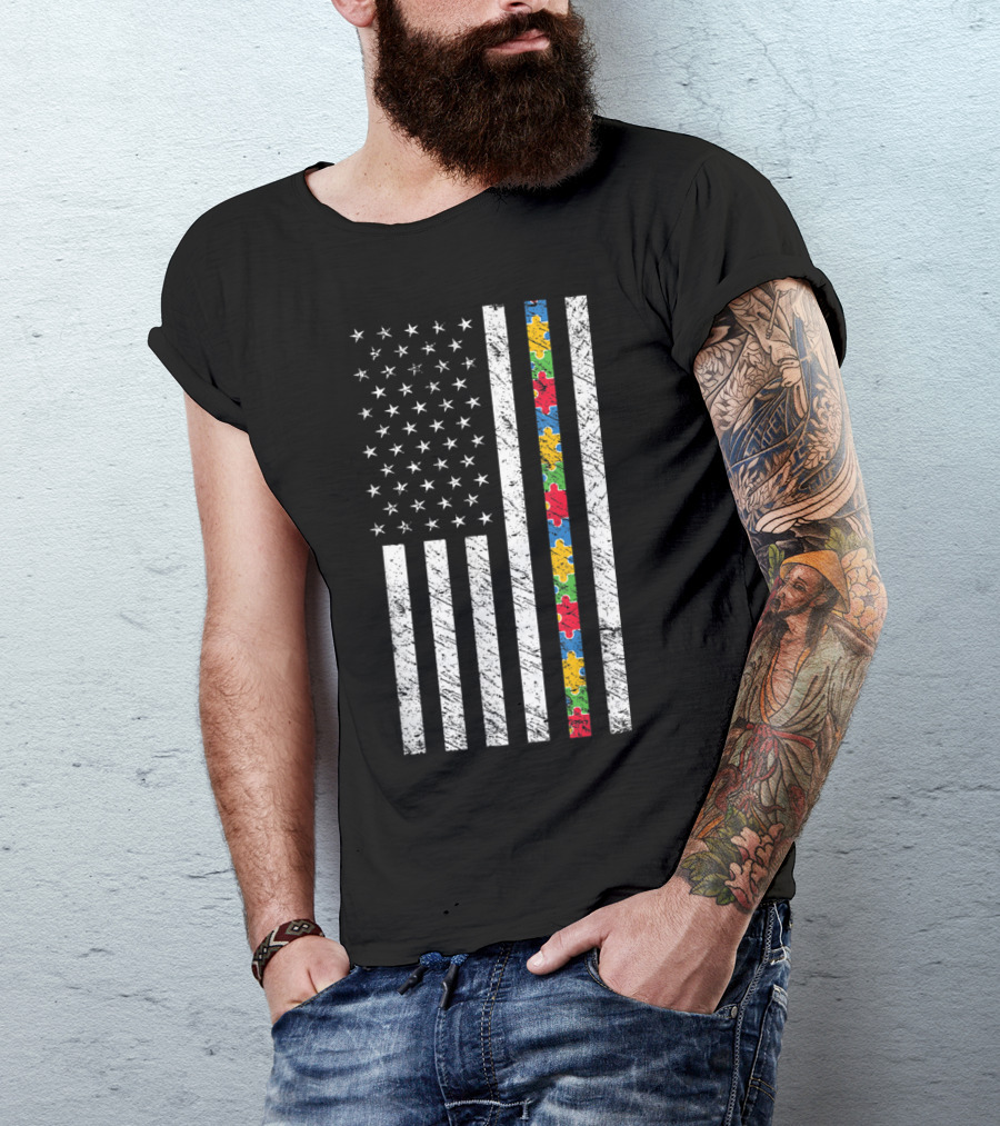 USA Flag With Autism Awareness Puzzle Pattern Stripe T-Shirt