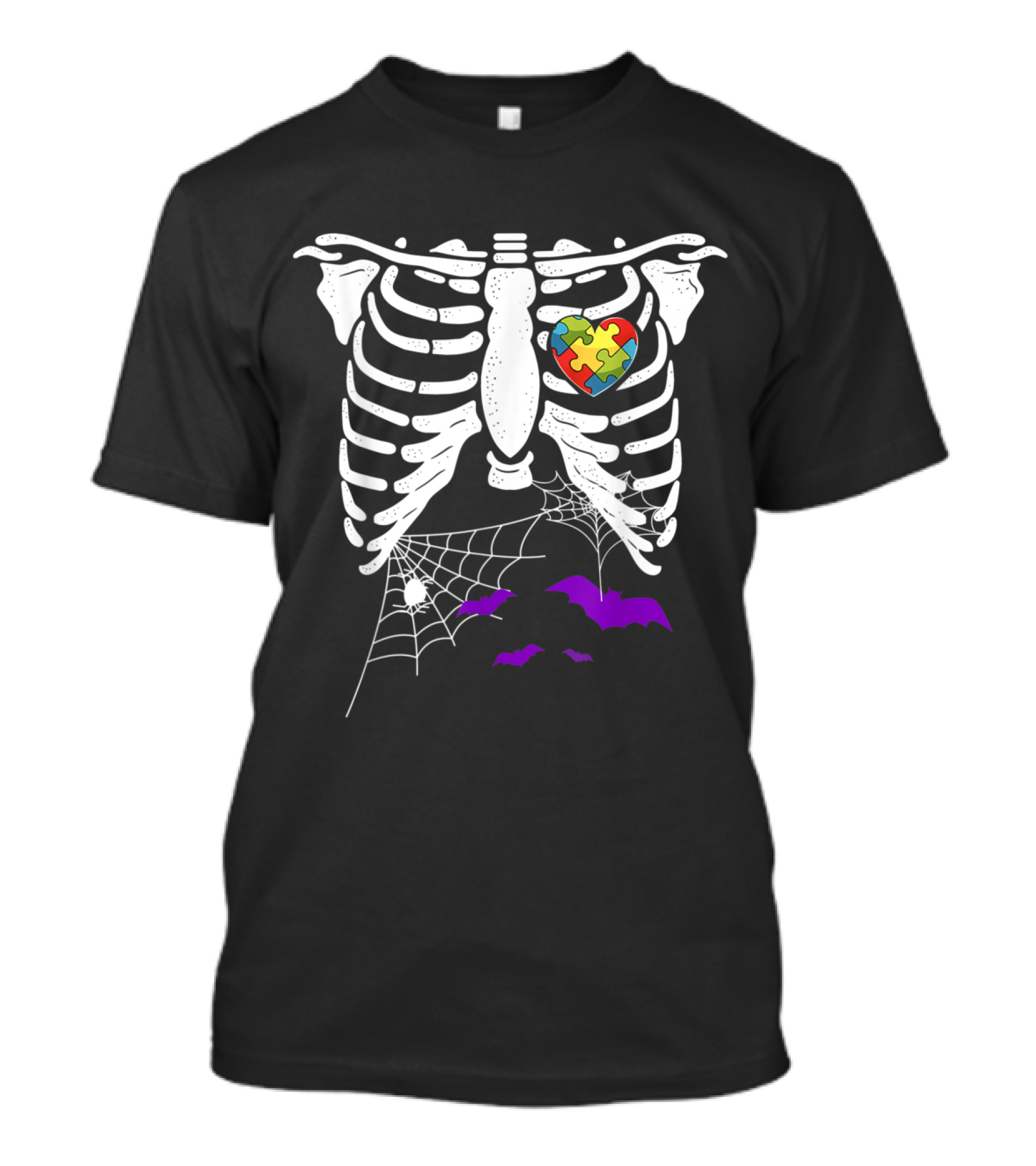Autism Awareness Skeleton With Puzzle Piece Heart Halloween Bats And Spider Webs T-Shirt