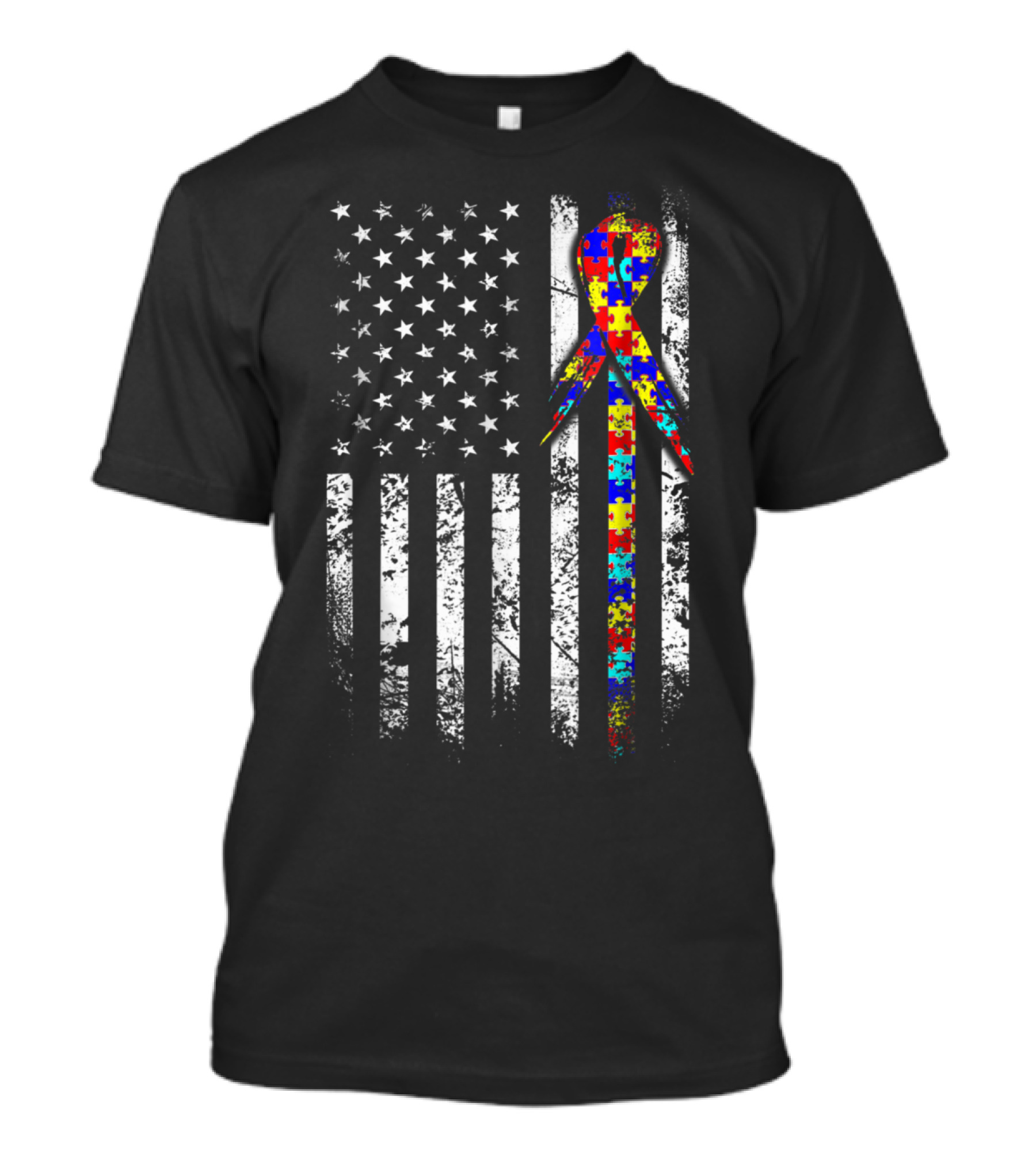 Autism Awareness Puzzle Ribbon American Flag T-Shirt