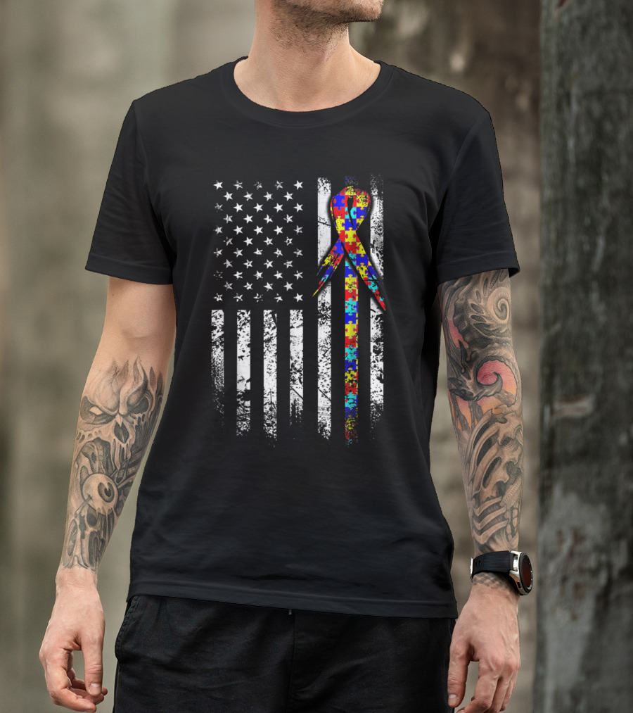 Autism Awareness Puzzle Ribbon American Flag T-Shirt