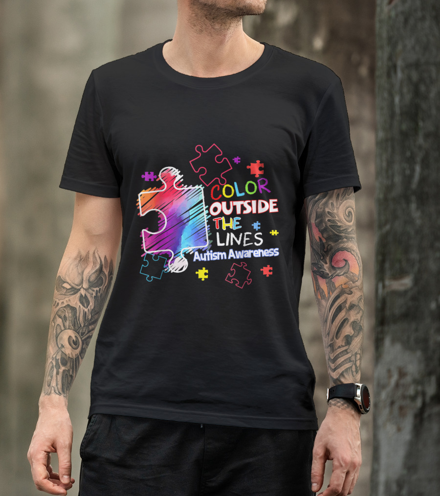 Color Outside The Lines Autism Awareness Puzzle Pieces T-Shirt