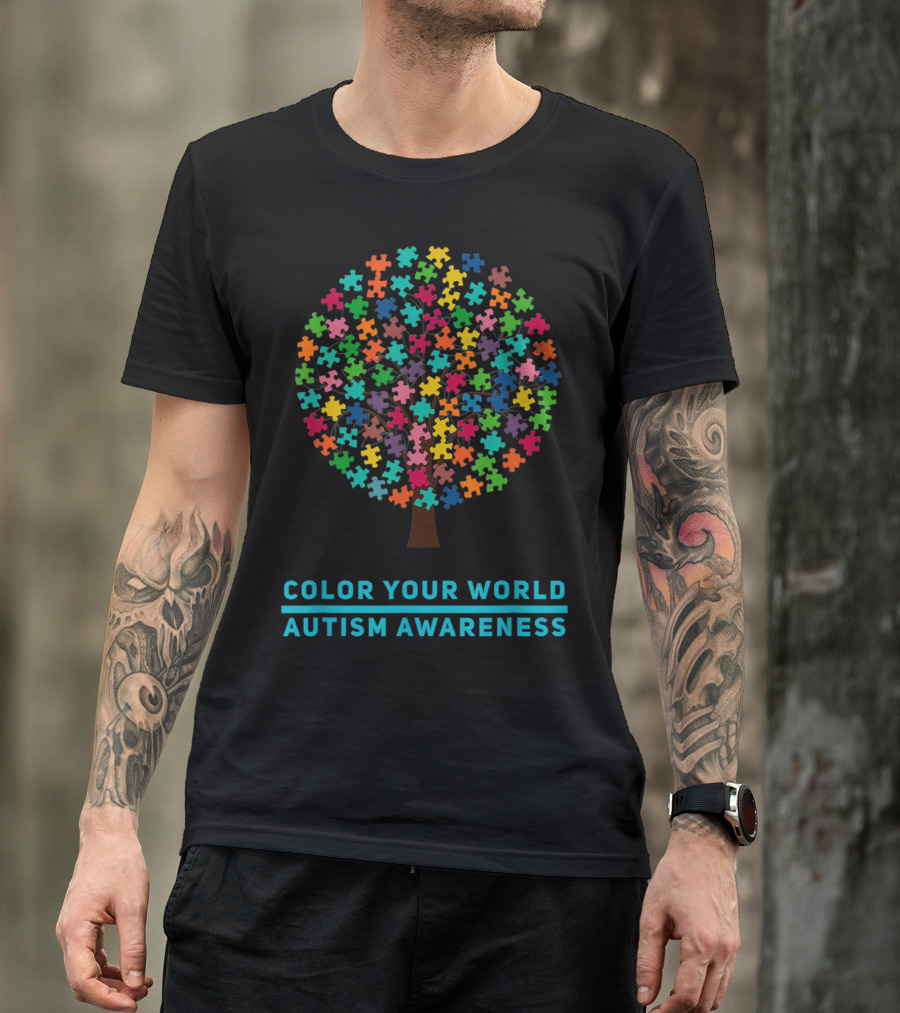 Color Your World Autism Awareness Puzzle Tree T-Shirt
